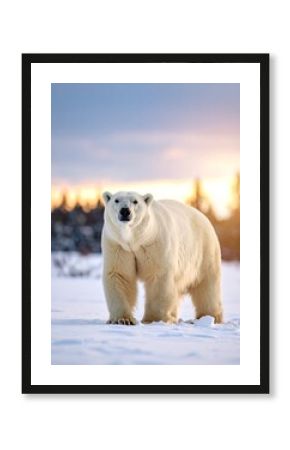 Polar bear in snowy landscape at sunrise