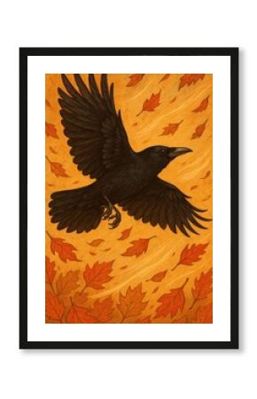 Raven soaring amidst autumn leaves.