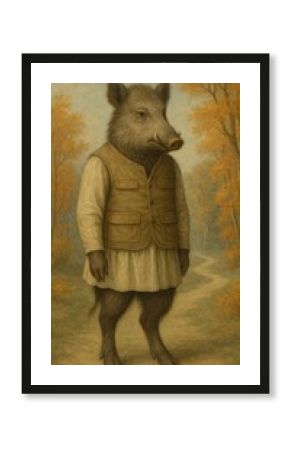 Anthropomorphic boar in autumn attire.