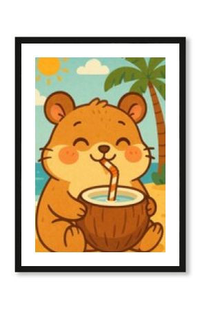 Cute hamster enjoying coconut beach.
