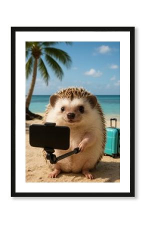 Hedgehog selfie on tropical beach.