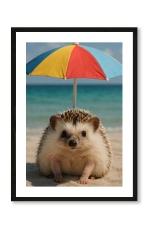 Adorable hedgehog under colorful umbrella.