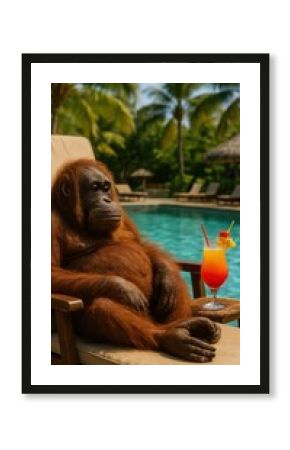 Orangutan relaxing poolside cocktail
