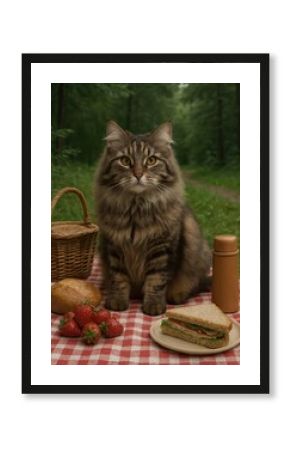 Cat enjoying outdoor picnic scene.