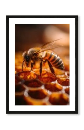 A close-up of a bee on honeycomb, showcasing its intricate details and vibrant colors in a natural setting.
