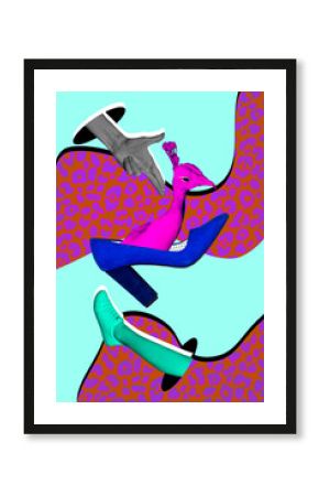 Trendy banner poster image photo collage of hand show pistol gesture wild bird animal ostrich peek high heel sneakers leg
