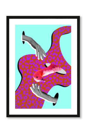 Vertical art pop poster banner collage of human hands show duck head gray feather farm domestic bird non-verbal communication