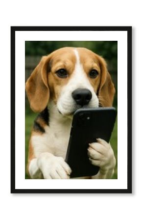 Beagle holding smartphone outdoors.