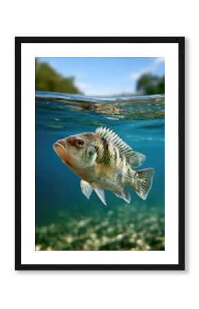 A tilapia fish swimming near the water surface, its scales shimmering under bright sunlight reflections