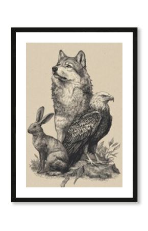 Wolf Engraving. Collection of Animals Featuring Wolf, Eagle and Rabbit