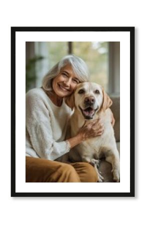 Senior Woman Embracing Her Labrador Retriever with a Warm Smile at Home