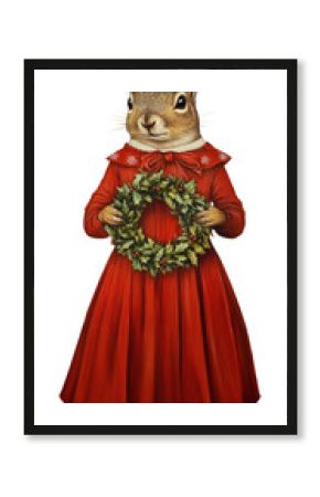 PNG Squirrel holding christmas wreath animal dress human.