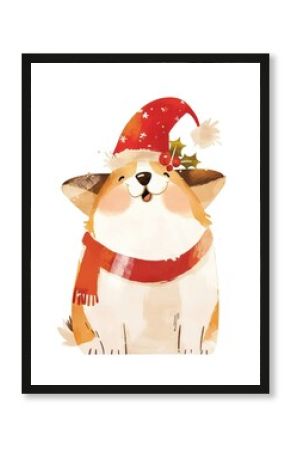 A corgy wearing christmas hat illustration watercolor winter.