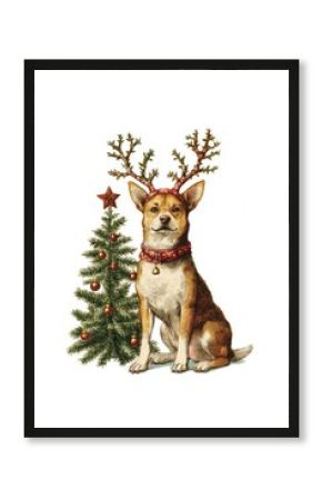 Antlers christmas dog illustration.