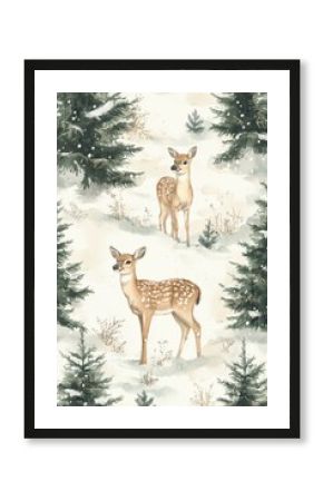 Seamless pattern featuring watercolor deer in a snowy forest with evergreen trees and gentle snowfall