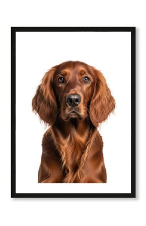 A close-up headshot of an irish setter golden retriever mix dog with glossy reddish-brown fur, intelligent light brown eyes, transparent background, elegant animal companionship