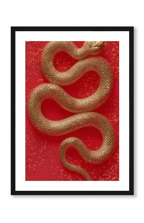 Golden Snake Resting on a Vibrant Red Surface With Sparkling Details