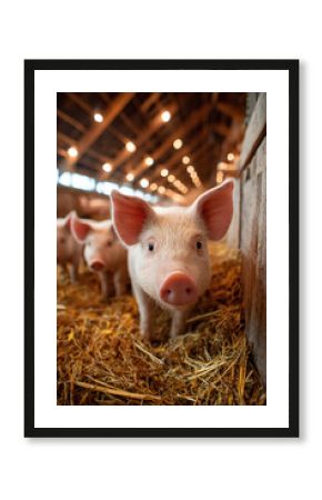 Farming pigs in spacious barn with natural light, showcasing livestock in sustainable environment. scene captures essence of modern agriculture