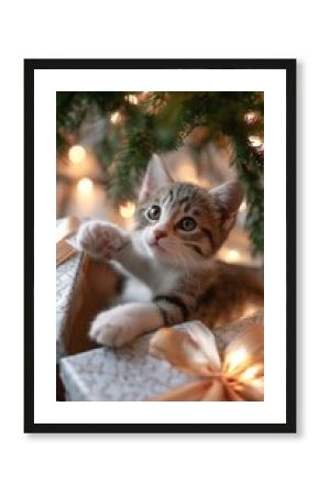 Curious kitten plays with Christmas gifts under a decorated tree
