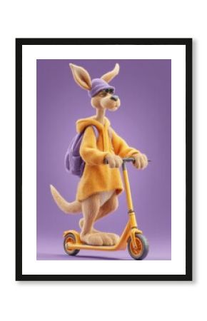 Cartoon kangaroo character wearing hoodie and backpack, riding confidently on scooter, showcasing playful and adventurous spirit in vibrant setting. Funny animal concept on monochrome background