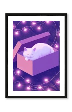 White cat relaxes in a purple box surrounded by glowing lights at night