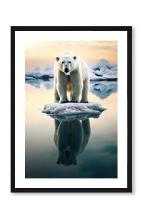 A polar bear stand on an ice in the middle of the ocean reflection wildlife outdoors.
