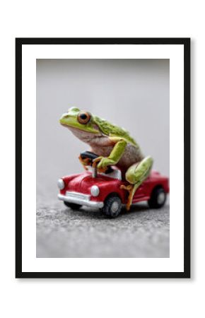 A frog sitting on a toy car looking like it is driving