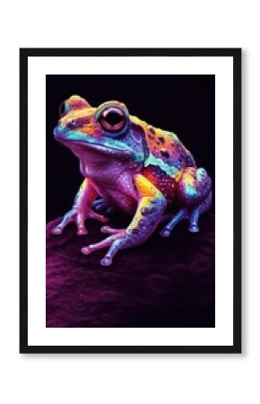A vibrant, stylized depiction features a colorful frog with an array of rainbow hues on its body, resting on a textured surface against a stark black backdrop.