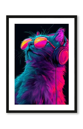 A vibrant, stylized cat wearing sunglasses and headphones, set against a dark background, exuding a cool vibe
