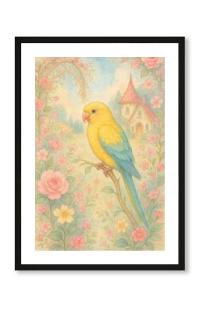 Whimsical parrot in floral paradise.