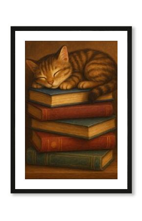 Cozy kitten atop books.