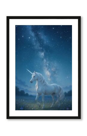 Majestic unicorn under starry sky.