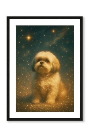 Fluffy dog amidst starry cosmos.