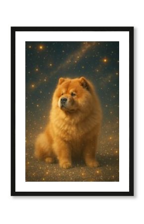 Fluffy dog amidst golden stars.