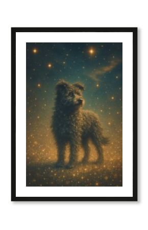 Whimsical dog amidst glowing stars.