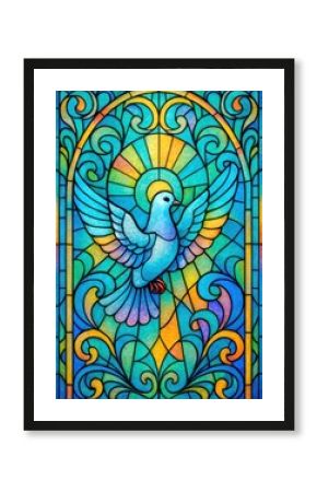 Vibrant stained glass dove design.