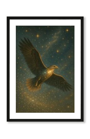 Eagle soaring through starry night.