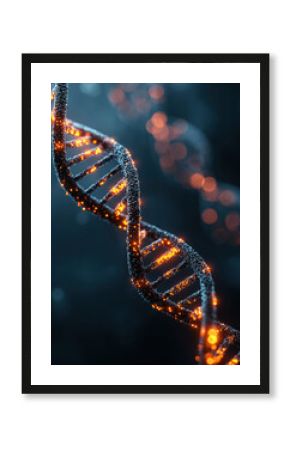 Glowing DNA helix with orange lights on dark background, symbolizing biotechnology and genetic research