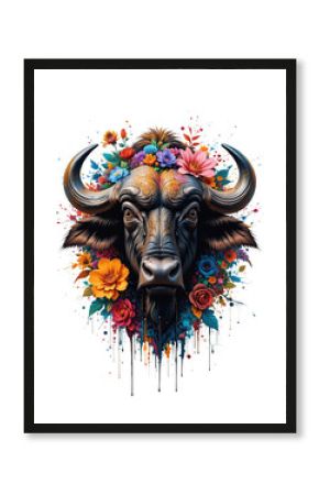 Powerful African buffalo portrait in a mixed-media style, with dramatic horns and a crown of vibrant, colorful, tropical flowers.