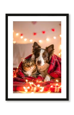 dog and cat under the blanket in studion, blurred background with hearts, happy valentines day
