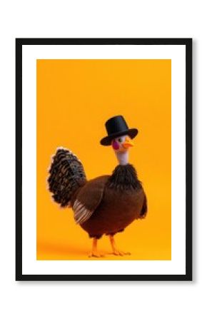 A charming felt turkey character dressed for Thanksgiving joyfully stands against a vibrant orange backdrop