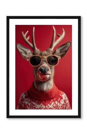 Deer wearing sunglasses and an ugly Christmas sweater against a red background.