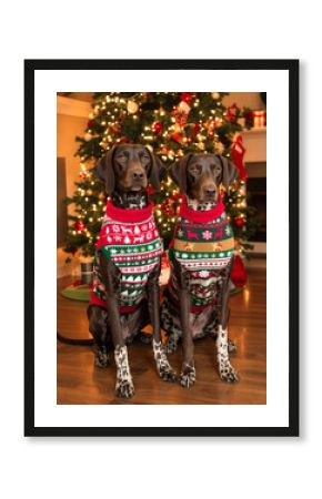 Pair of German Shorthaired Pointers wearing festive Christmas sweaters, in front of Christmas tree and fireplace.