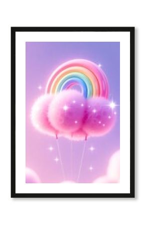 A whimsical, pastel rainbow floats atop fluffy pink clouds, tethered by delicate strings against a dreamy purple sky dotted with twinkling stars and soft glowsperfectly magical and serene.