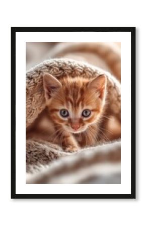 A playful golden kitten with bright blue eyes peeks out from under a soft beige blanket. Its tiny paws tread softly as it explores its cozy surroundings in a warm, inviting space