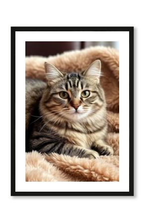 A cat lies on a furry cream blanket. Cute fluffy pet. Poster, sticker, card.