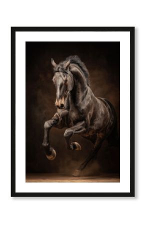 Black horse rears in a dark studio. Dust swirls under dramatic lighting.