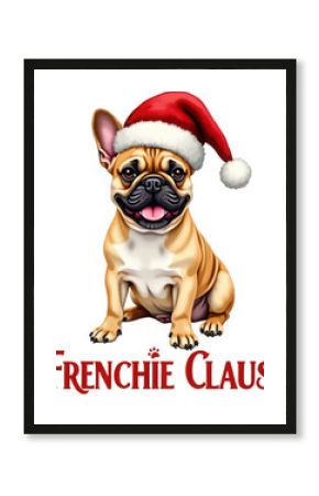 Cute french bulldog wearing a santa hat, sitting and smiling, with the text frenchie claus below, isolated on transparent background