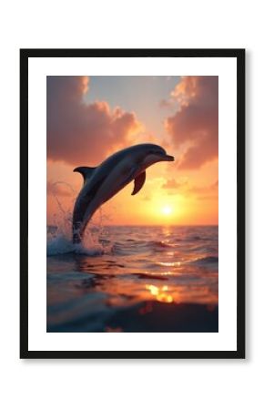 Dolphin leaps from ocean waves during a dramatic orange sunset. The marine mammal arcs against the colorful sky with soft clouds. Sunlight glints on the water surface as the animal splashes.