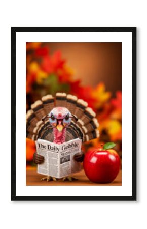 Turkey with glasses reading a newspaper next to apple. Festive autumn scene represents intelligence, knowledge, and Thanksgiving holiday.